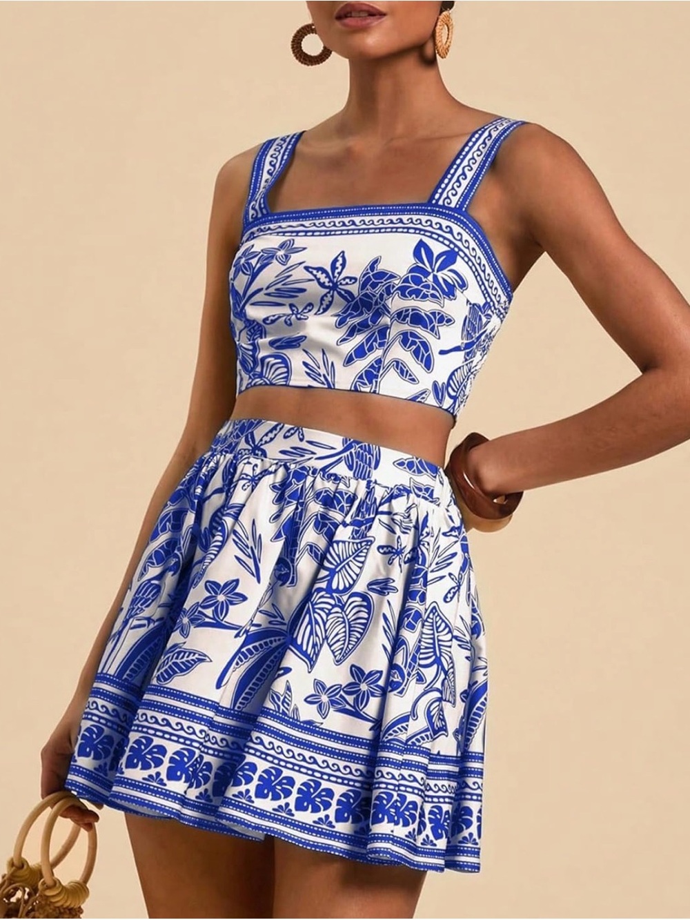 Blue and White Floral Two-Piece Crop Top & Skirt Set NEW - Picture 3 of 7